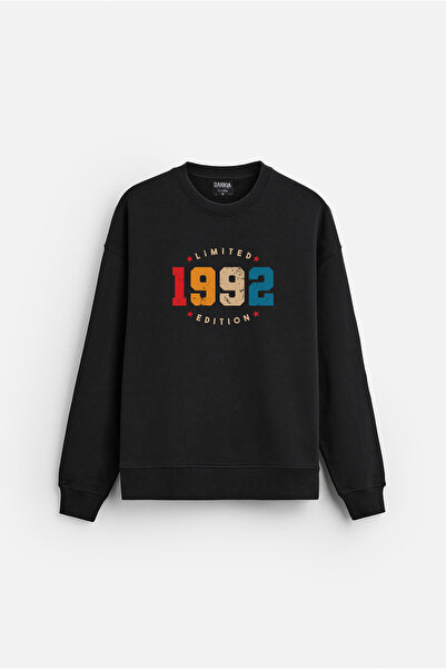 MODA Hanorac negru supradimensionat din bumbac, fără glugă, cu imprimeu de ep...