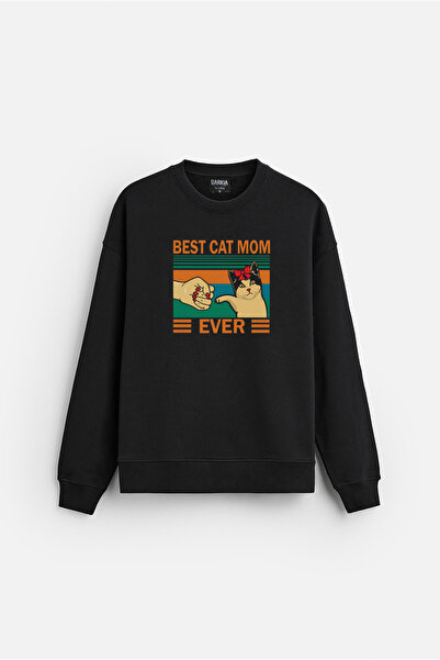 MODA Best Cat Mom Printed Crew Neck Hoodless Cotton Oversized Μαύρο φούτερ