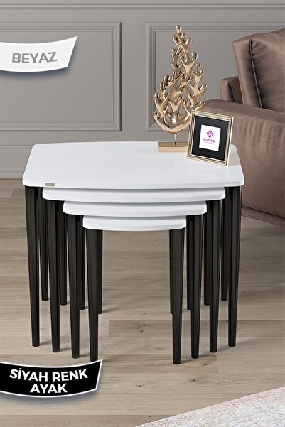 Canisa Anka Serisi 1.sınıf Mdf Ve Lake Boya, Beyaz 4lü Zigon Sehpa Takımı, Siyah Gürgen Ayaklar