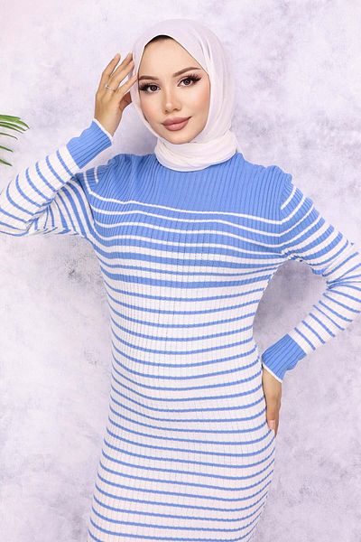 benguen 6143 Rochie tricotată cu guler în dungi albastre