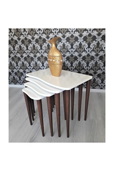 Canisa Concept Kuğu Serisi 4'lü Zigon Sehpa Takımı Üst Tabla Beyaz Ayaklar Ceviz