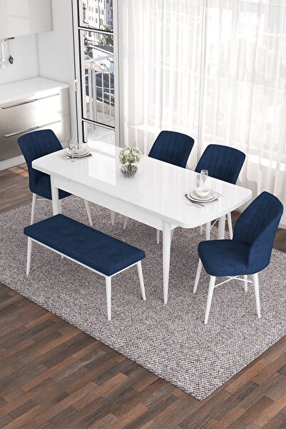 Canisa Eva Serisi 80x132 Açılabilir Mdf Mutfak Masası Takımı Beyaz Masa 4 Lacivert Sandalye 1 Bench