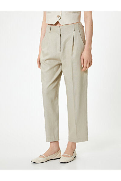 Koton Keten Havuç Pantolon Yüksek Bel Bol Kalıp Astarlı Cepli