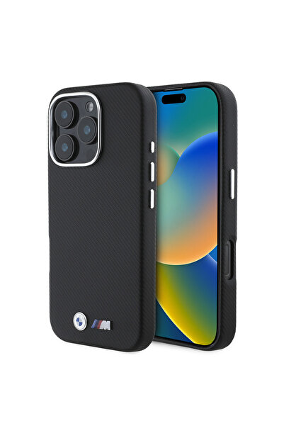 BMW iPhone 16 Pro Max Kılıf BMW  Lisanslı Tam Sarılmış Kevlar Tasarım Metal L...