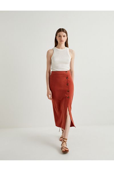 Koton Midi Linen Skirt - Buttoned and Slit Detailed, Regular Waist