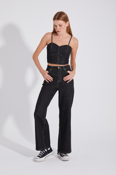 ONE8 %100 Pamuk İnce Askılı Arka Fermuarlı Denim Kot Top Bluz/Büstiyer