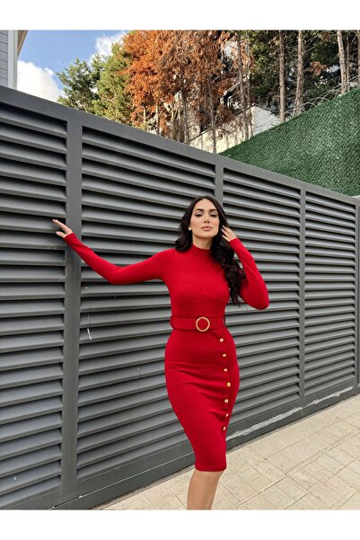 Sindimoda Eteği  Düğmeli Kemerli Midi Boy Elbise
