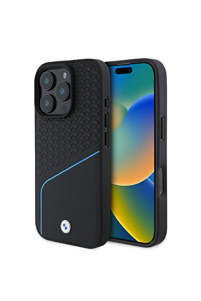 BMW iPhone 16 Pro Max Uyumlu Kılıf BMW Lisanslı Magsafe Özellikli Metal Logolu Dokulu ve Çizgili Deri