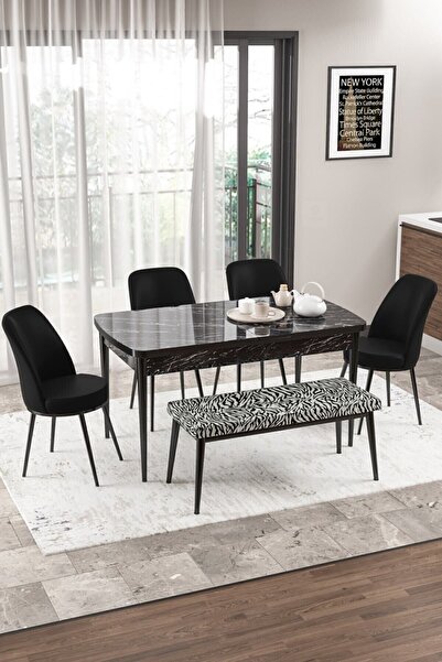 Canisa Concept Via Serisi Açılabilir Mutfak Masası Takımı Siyah Mermer Desen Masa 4 Siyah Sandalye 1 Zebra Bench