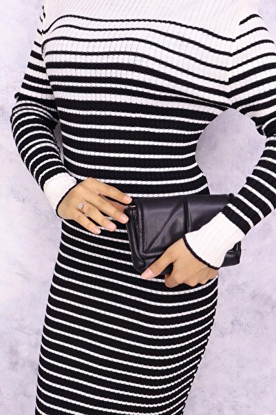 benguen 6143 Model Ecru Turtleneck Striped Knitwear Dress