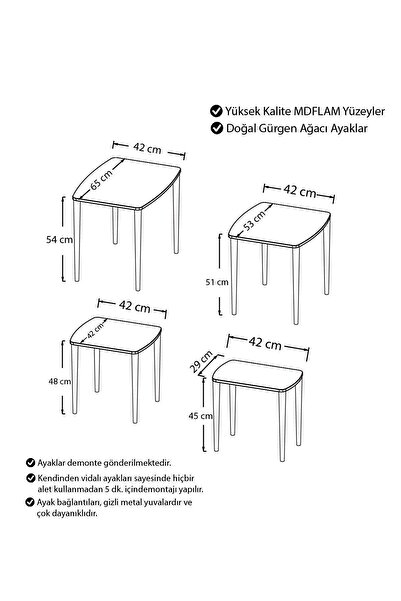 Canisa Anka Serisi, 1.sınıf Sehpa Takımı, Mdf 4'lü Zigon Sehpa Takım, Krem Sehpa, Krem Gürgen Ayak