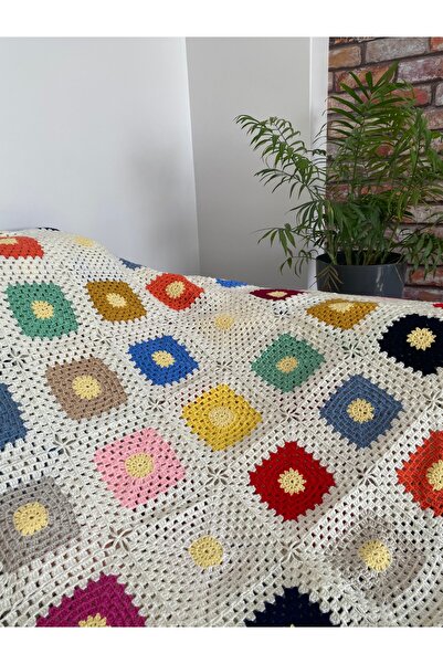 Okyanus Butik El Emeği Motif Örgülü Renkli Çiçek Tv Battaniyesi
