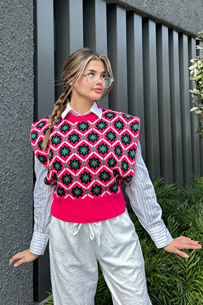 la & vetta Fuchsia Floral Patterned Pullover