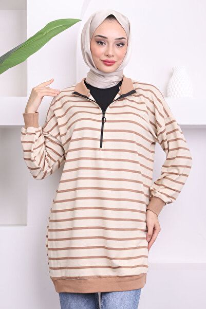 İmajButik Ριγέ φερμουάρ γιακά με ραβδώσεις βιζόν