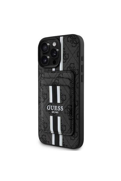 Guess iPhone 16 Pro Max  Uyumlu Kılıf Guess  Lisanslı Magsafe Özellikli 4G Desenli Çizgili Kartlıklı Siyah