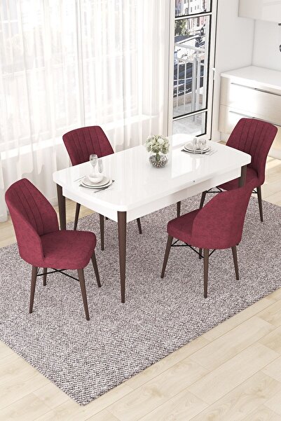 Canisa Nef Serisi 70x114 Açılabilir Mdf Beyaz Masa Ceviz Ayak Masa Takımı Ve 4 Bordo Sandalye