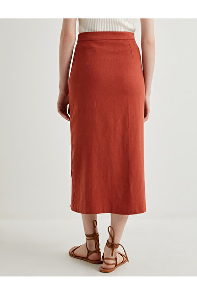 Koton Keten Karışımlı Etek Midi Düğmeli Yırtmaç Detaylı Normal Bel