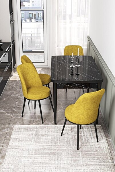 Canisa Concept Kor Serisi 70x114 Açılabilir Mutfak Masası Takımı Siyah Mermer...