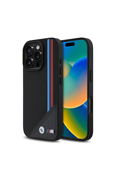 BMW iPhone 16 Pro Max Uyumlu  Kılıf BMW  Magsafe Özellik M Logo Üç Çizgili Meshed Tricolor Stripes Siyah