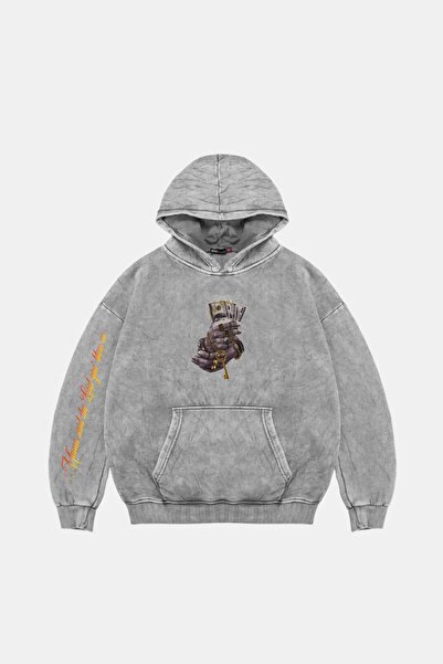 Sekizbiraltı Money Hand Printed Oversize Unisex Premium Washed White Hoodie