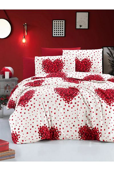 GÖRMEZ TEKSTİL Single Rome Red Heart Cotton Duvet Cover Set - with Elastic Sheets and Pillowcases
