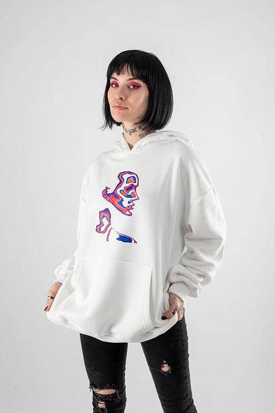 Bak Moda Illusion Woman με στάμπα υπερμεγέθη, Unisex Λευκό Hoodie