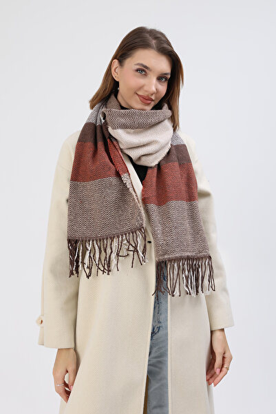 REMSA 60X190 cm 3807 Camel Fish Back Patterned Shoulder Shawl Scarf