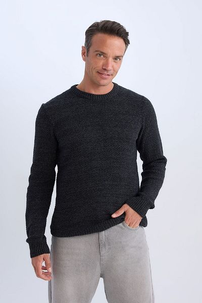 DeFacto Standard-Passform, normaler Schnitt, strukturierter Basic-Strickpullover mit Rundhalsausschnitt R1175az24wn