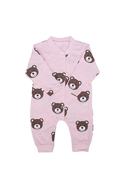 bebegen Kız Bebek Pembe Kahve Ayıcık Baskılı Çıt Çıtlı Tulum