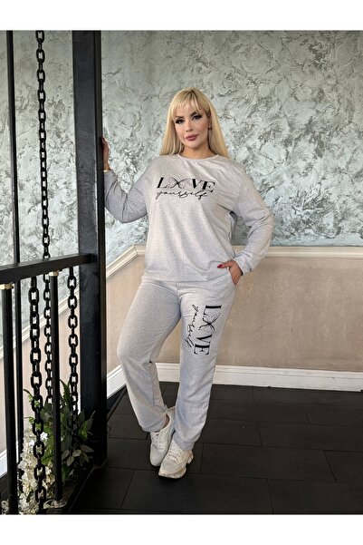 ModaSehle طقم بدلة رياضية نسائية كبيرة الحجم بأكمام طويلة وجيب مطبوع