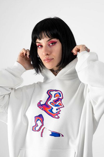 Bak Moda Illusion Woman με στάμπα υπερμεγέθη, Unisex Λευκό Hoodie
