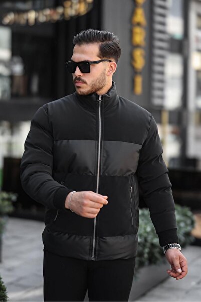 REGOS Kışlık Erkek Kapüşonlu Şişme Siyah Deri Mont