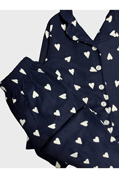 ALİŞ KİDS Дівчачий бавовняний вельветовий піжамний комплект з довгими рукавами, коміром на ґудзиках і синім серцевим візерунком