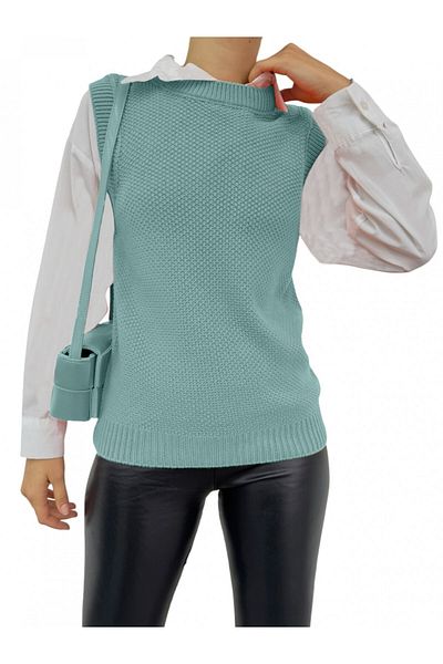 Modamorfo Solid Brass Knitted Crew Neck Sweater -Mint