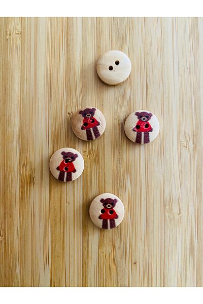 Kartopu Patterned Natural Wood Button 15mm. Pack of 5. Animal Figured.