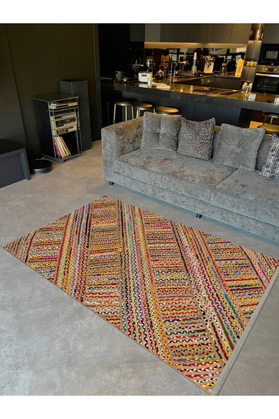 Rugs Modern Halı Asya Koleksiyonu Çok Renkli Jüt Görünümlü Dokuma Taban Moder...