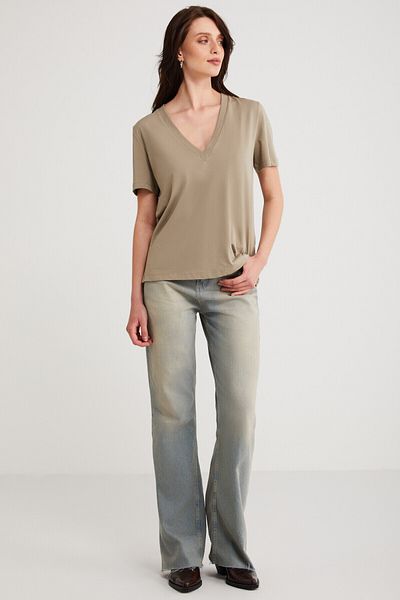 ETHIQUET Tricou Aline de damă, bej, cu decolteu în V - 100% bumbac organic, cu potrivire obișnuită