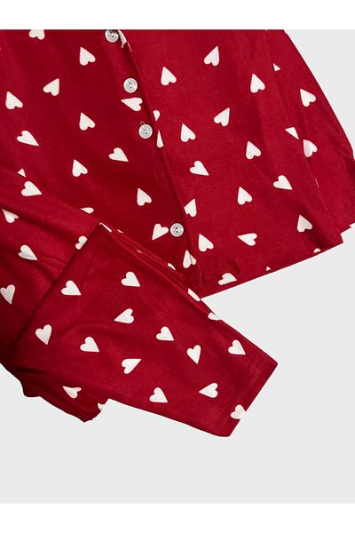 ALİŞ KİDS Girls' Cotton Suede Red Heart Print Shirt Collar Button-Down Long Sleeve Pajamas Set