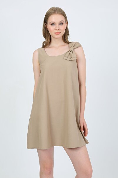 BELLA&BELLA Σκούρο Κρεμ Γυναικείο Φόρεμα - Στρογγυλή λαιμόκοψη και λεπτομέρεια φιόγκου