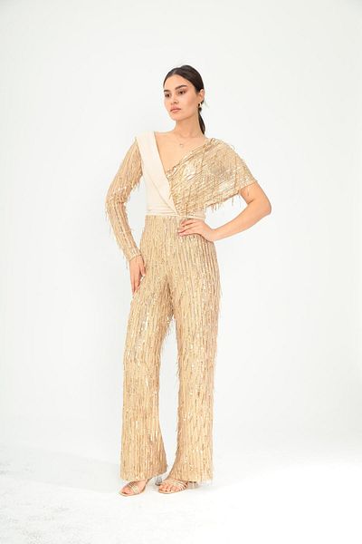 Aperla V-Neck Tassel Sequin Detailed Asymmetrical One Sleeve Evening Dress Jumpsuit