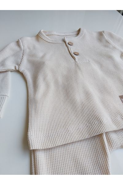 lilnest Seasonal Buttoned Beige Baby Tracksuit Set