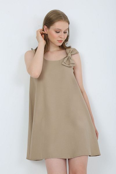 BELLA&BELLA Rochie de damă crem închis - decolteu rotund și detaliu fundă