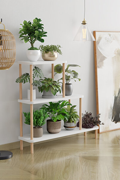 EGEMODÜLER Dekoratif 3 Katlı Ahşap Çiçeklik Saksı Standı Saksılık Dekoratif Raf