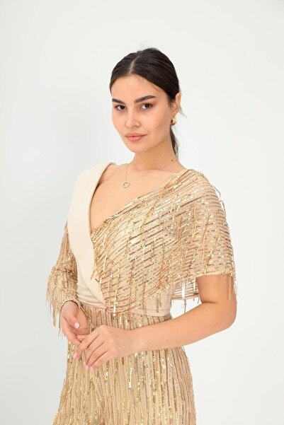 Aperla V-Neck Tassel Sequin Detailed Asymmetrical One Sleeve Evening Dress Jumpsuit