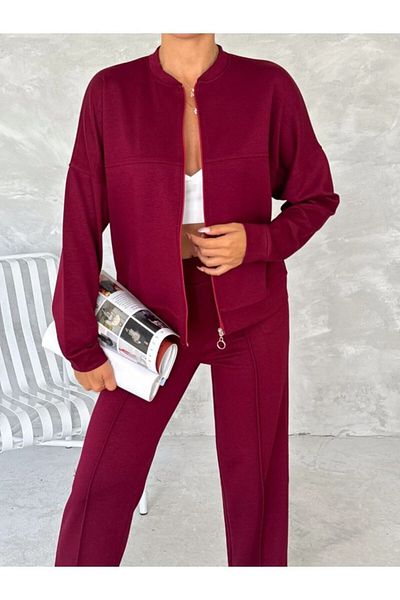 DeChival Women's Modal Tracksuit Set - Zipper and Zipper Model, Textured Fabric Tracksuit Set