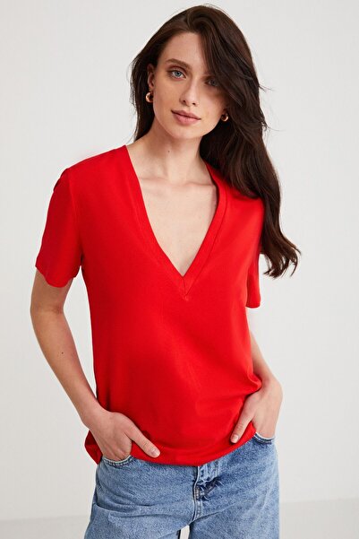 ETHIQUET Alıne Women's 100% Organic Cotton Regular Fit Regular Fit V-Neck Basic Red T-Shirt