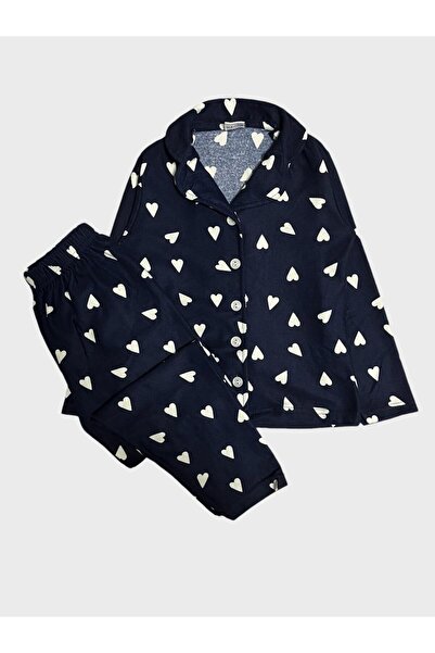 ALİŞ KİDS Дівчачий бавовняний вельветовий піжамний комплект з довгими рукавами, коміром на ґудзиках і синім серцевим візерунком