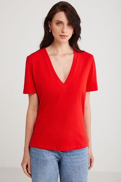 ETHIQUET Tricou Aline pentru femei, 100% bumbac organic, cu croiala normală, cu decolteu în V, roșu de bază