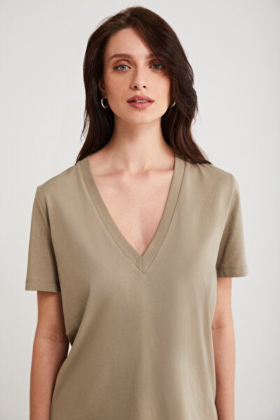 ETHIQUET Aline Women's Beige V-Neck T-Shirt - 100% Organic Cotton, Regular Fit