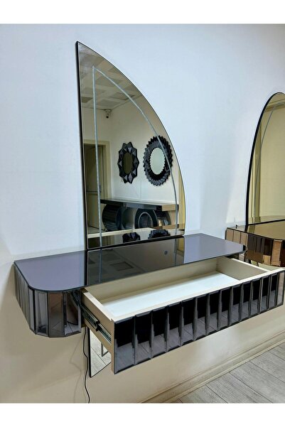 ERGLASS CAM Duvara Monte Aynalı Dokunmatik Ledli Raflı Dresuar Takımı *füme Ayna Çekmeceli* Ayaksız Antre Hol